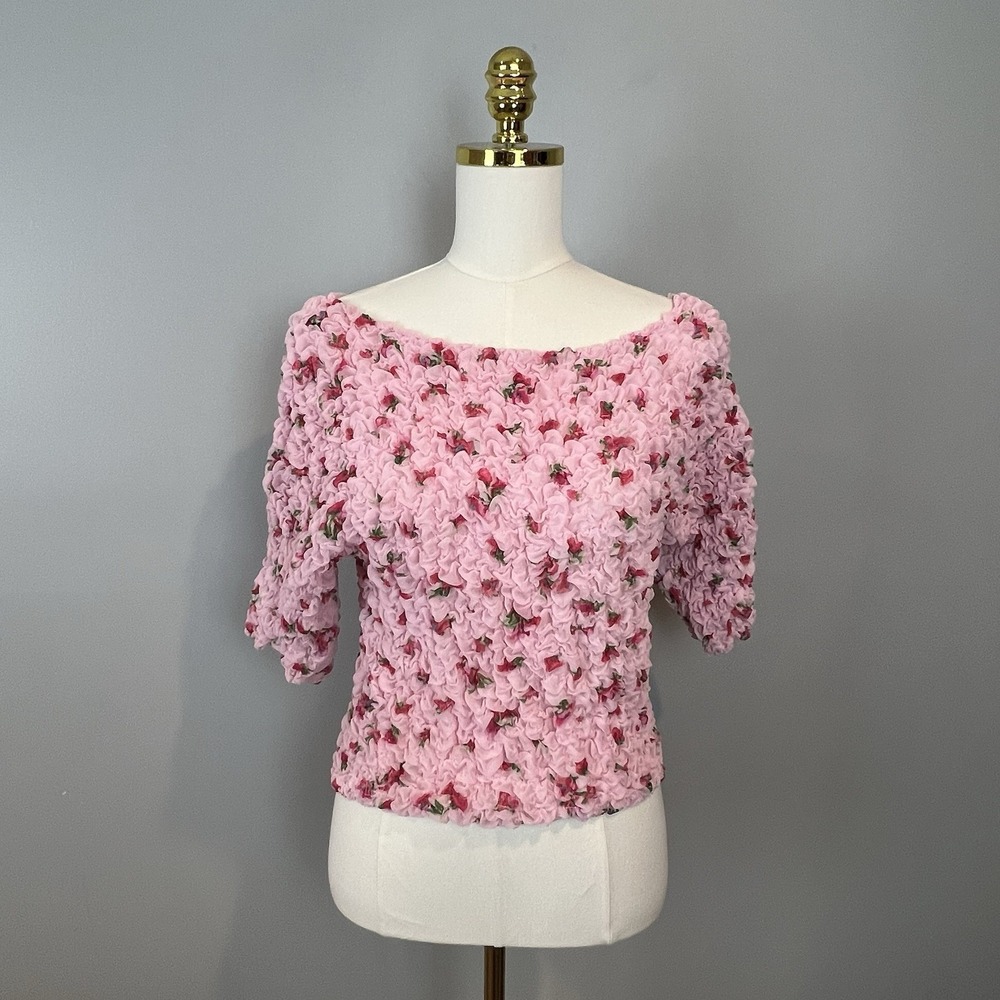 Free People Rosie Posie Pink Smocked Cropped Top Size Medium Romantic Soft Girl